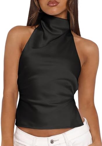 MakeMeChic Women's Summer Satin Silk Backless Halter Tank Tops